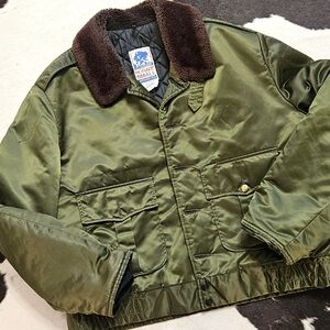 Vintage 1970s Cropped Olive Green Nylon Bomber Jacket W/ Brown Sherpa SHERRIFF